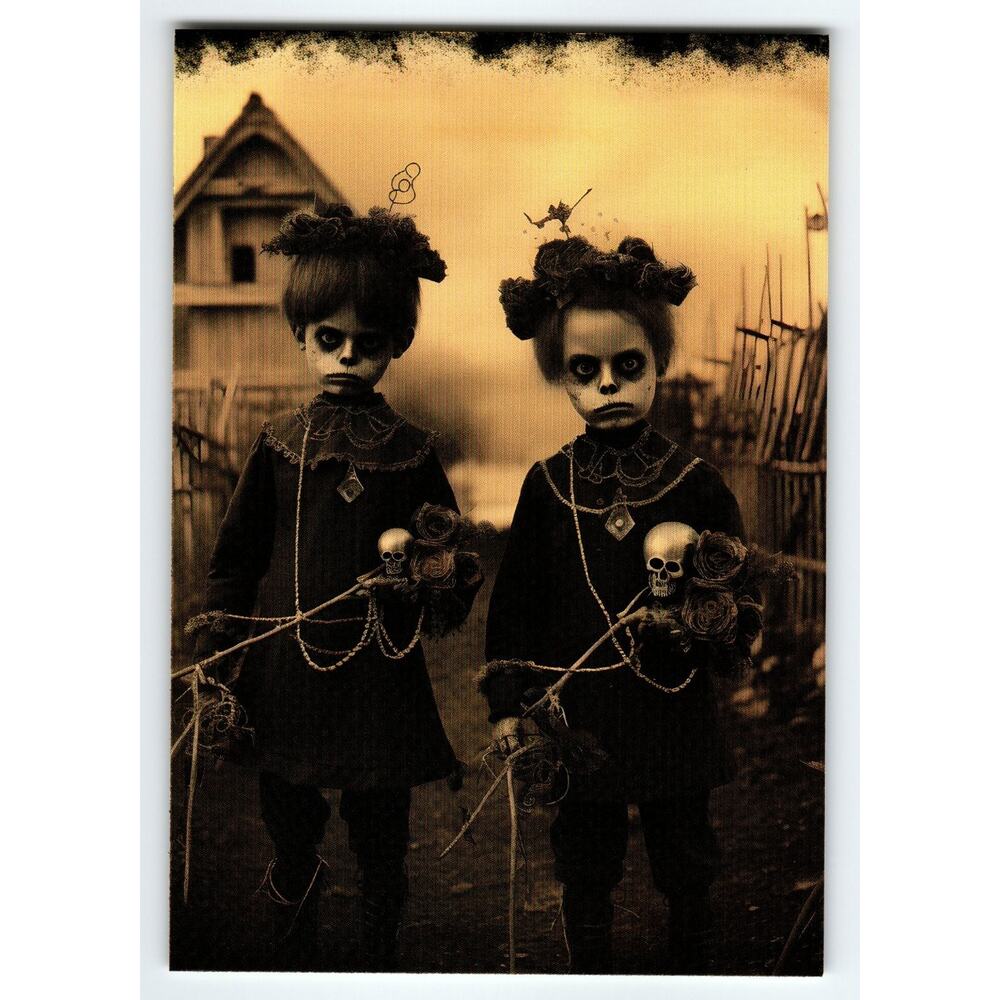 Vintage Halloween Sepia Postcard with Spooky Children & Skull Roses